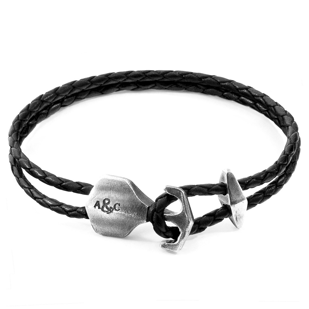 Coal Black Delta Anchor Silver and Braided Leather Bracelet