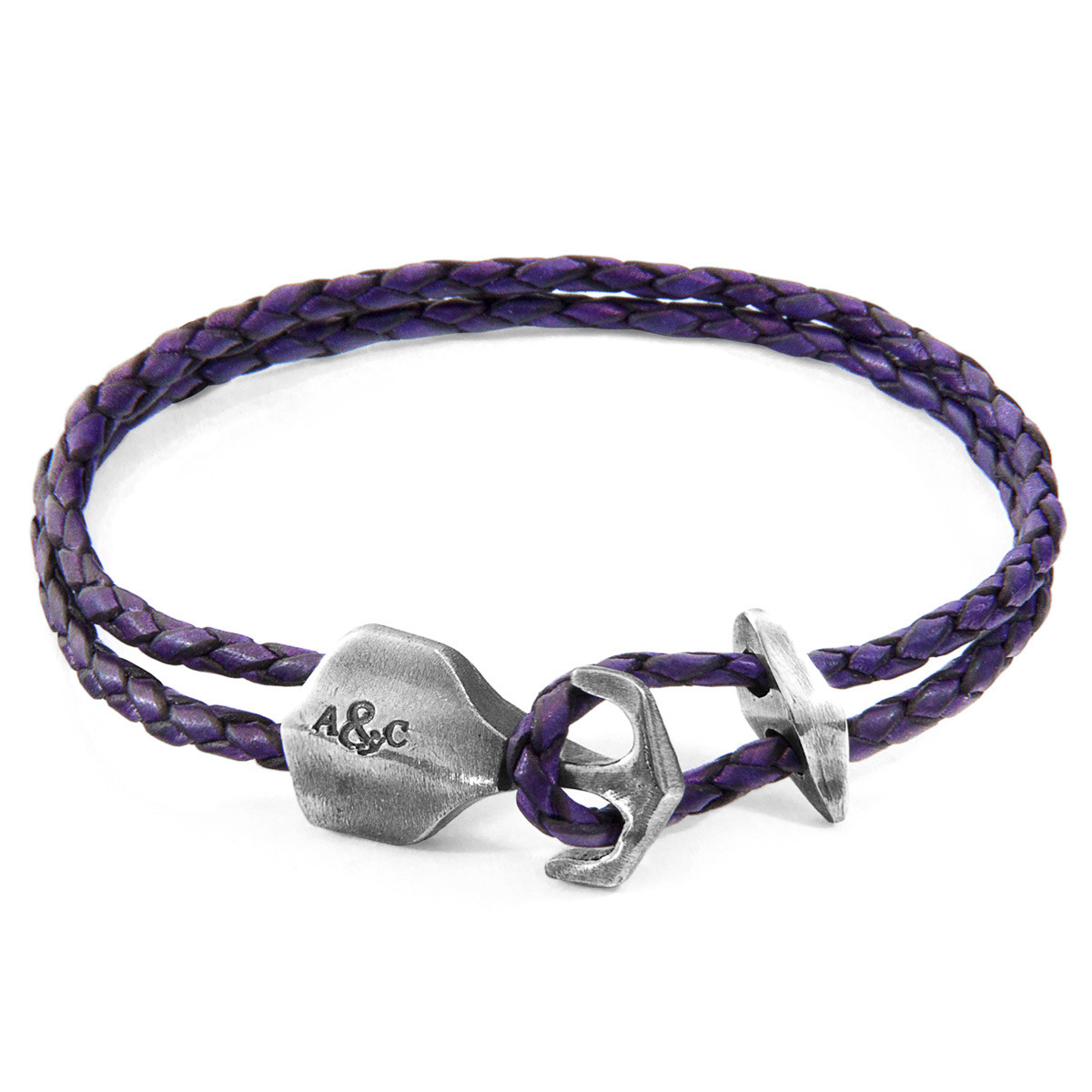 Grape Purple Delta Anchor Silver and Braided Leather Bracelet
