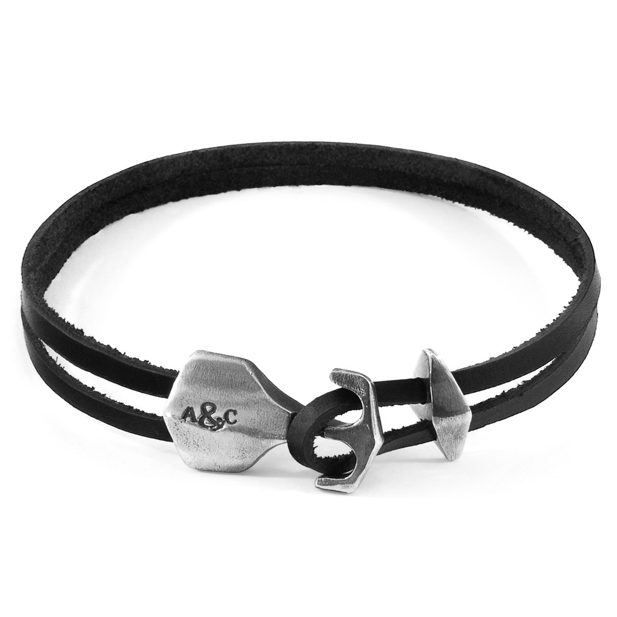 Coal Black Delta Anchor Silver and Flat Leather Bracelet