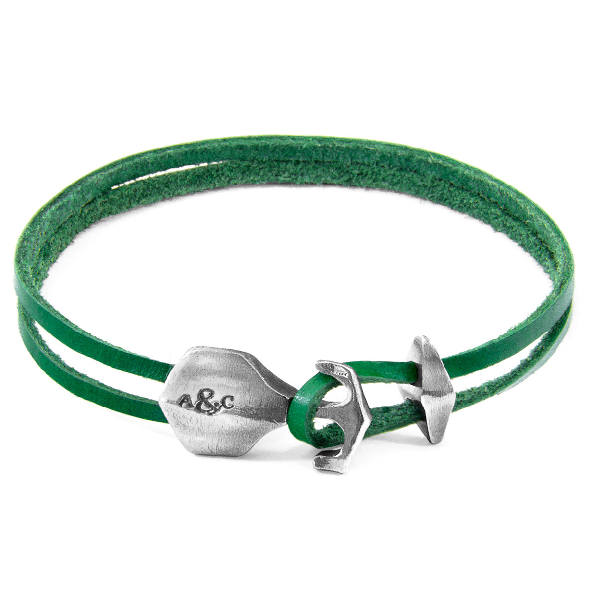 Fern Green Delta Anchor Silver and Flat Leather Bracelet