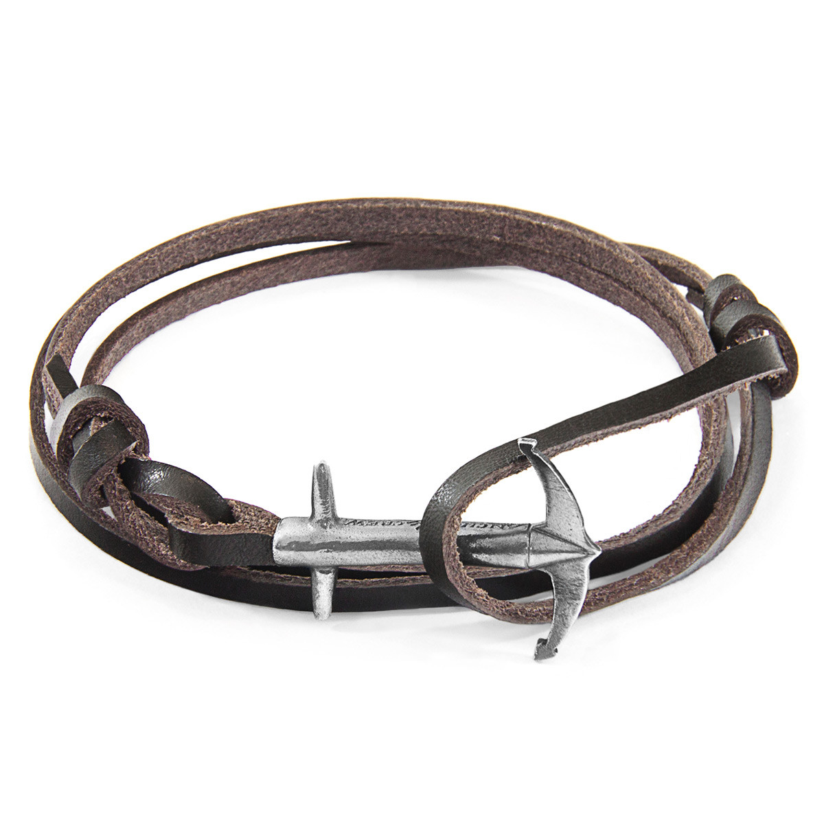 Dark Brown Admiral Anchor Silver and Flat Leather Bracelet