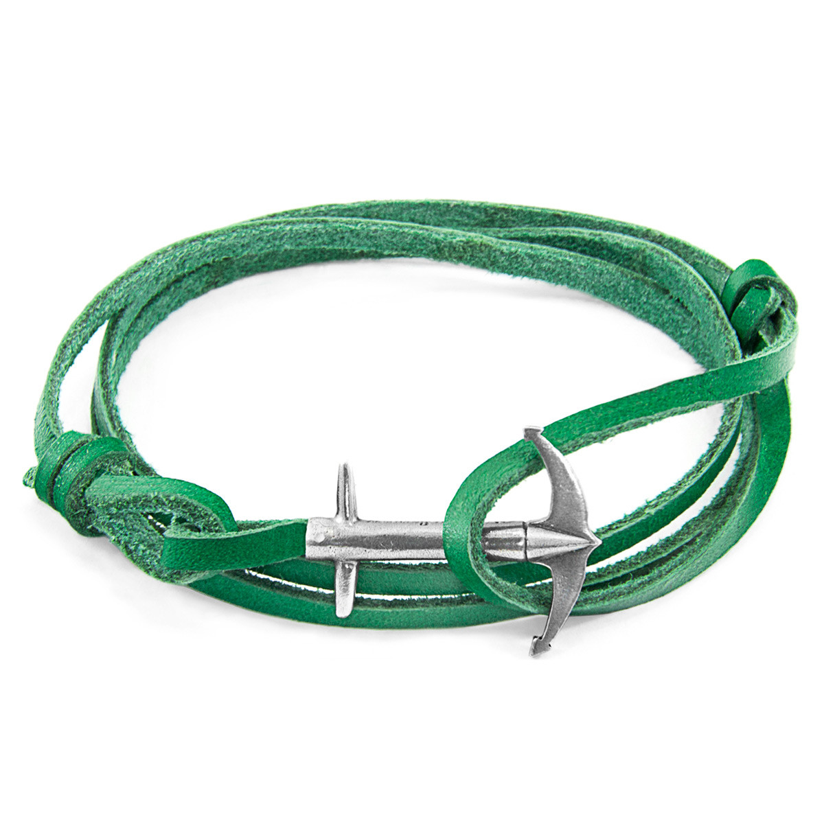 Fern Green Admiral Anchor Silver and Flat Leather Bracelet