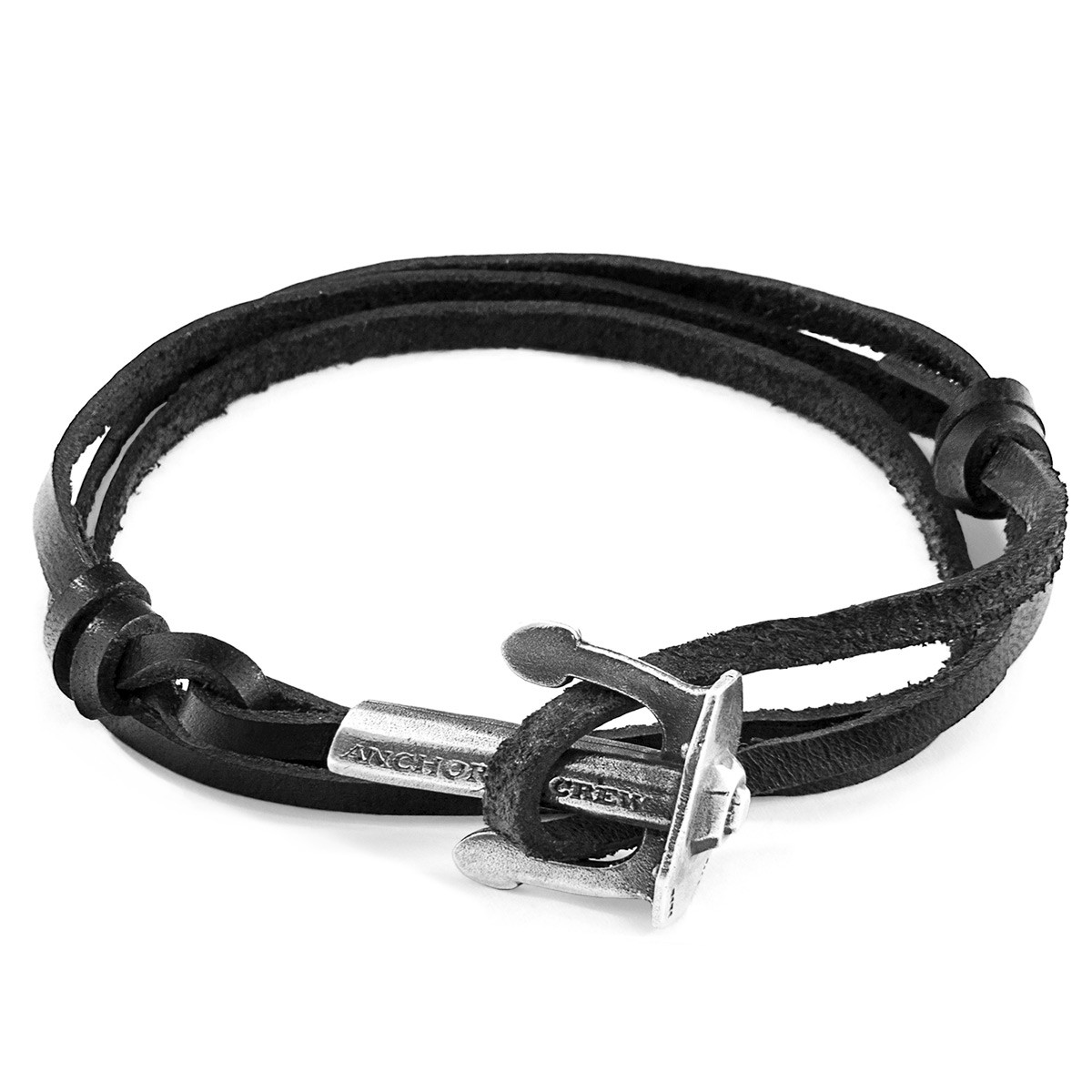 Coal Black Union Anchor Silver and Flat Leather Bracelet