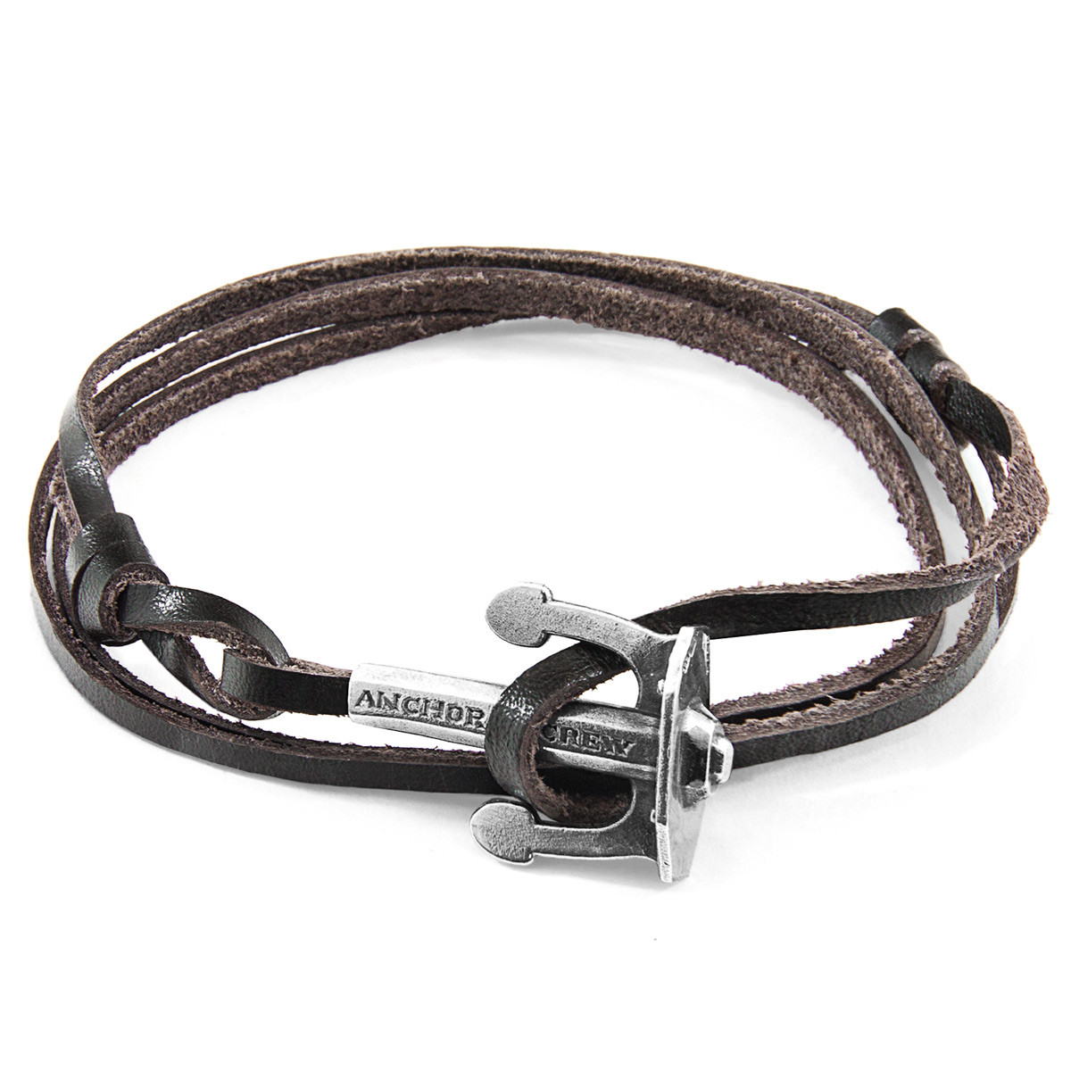 Dark Brown Union Anchor Silver and Flat Leather Bracelet