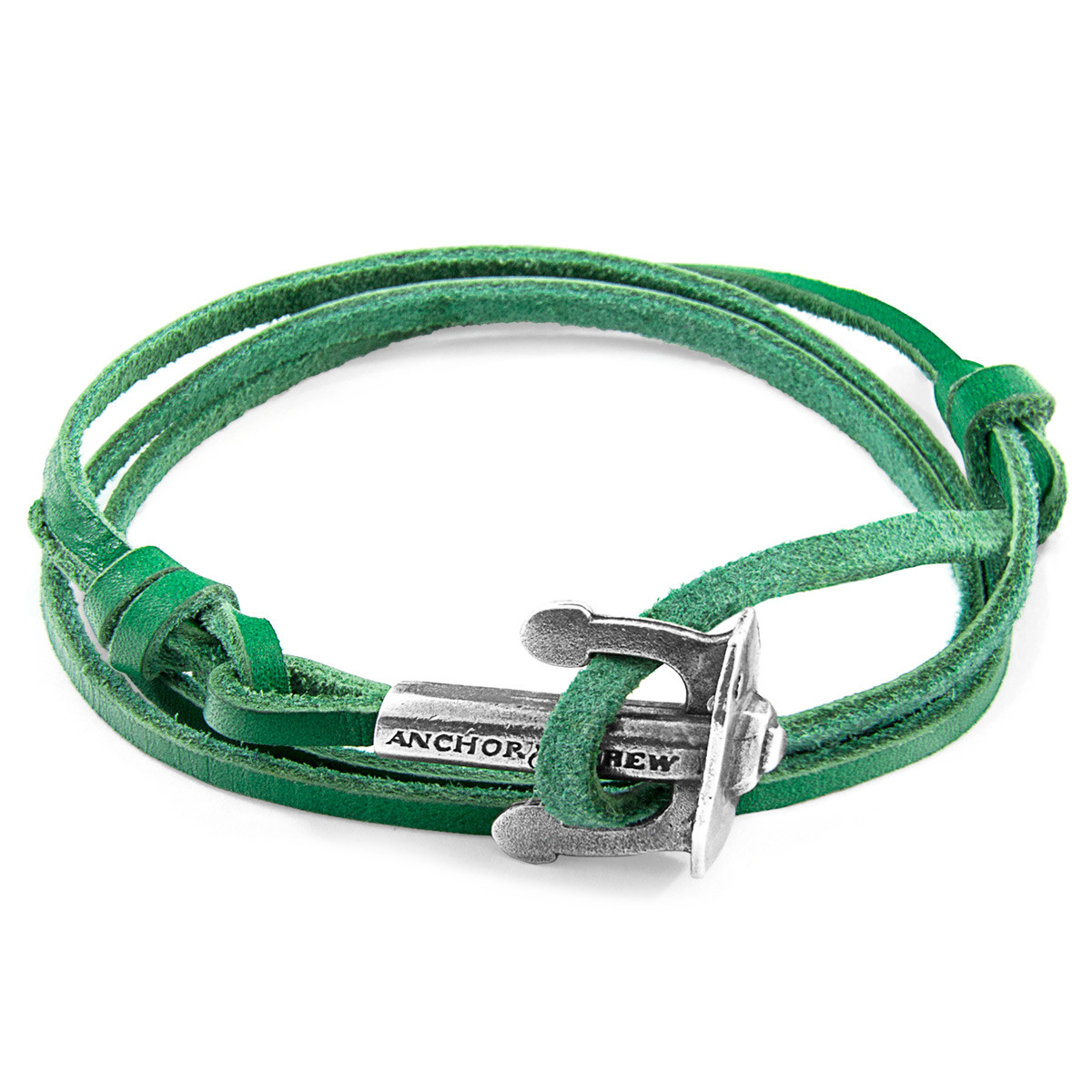 Fern Green Union Anchor Silver and Flat Leather Bracelet