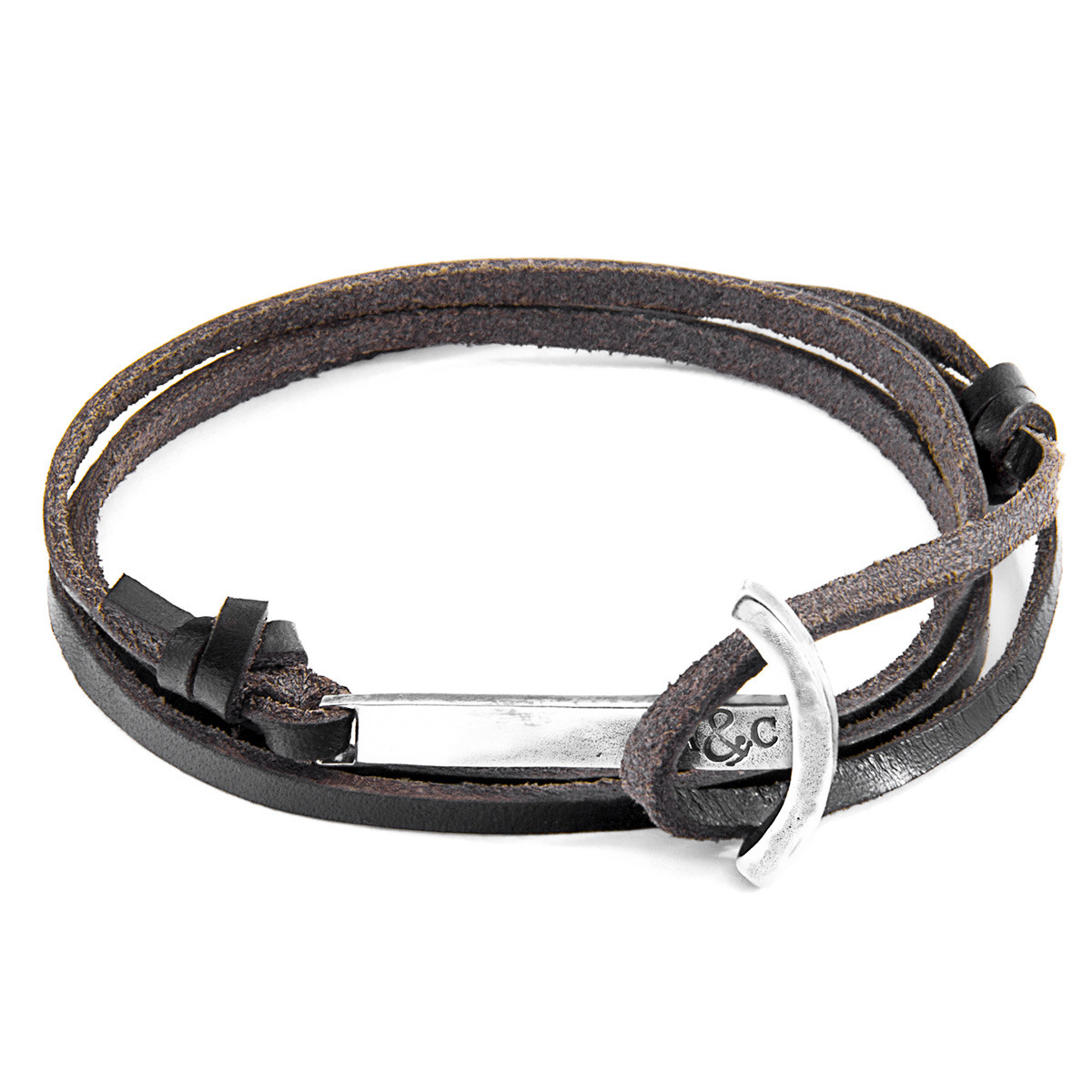 Dark Brown Clipper Anchor Silver and Flat Leather Bracelet
