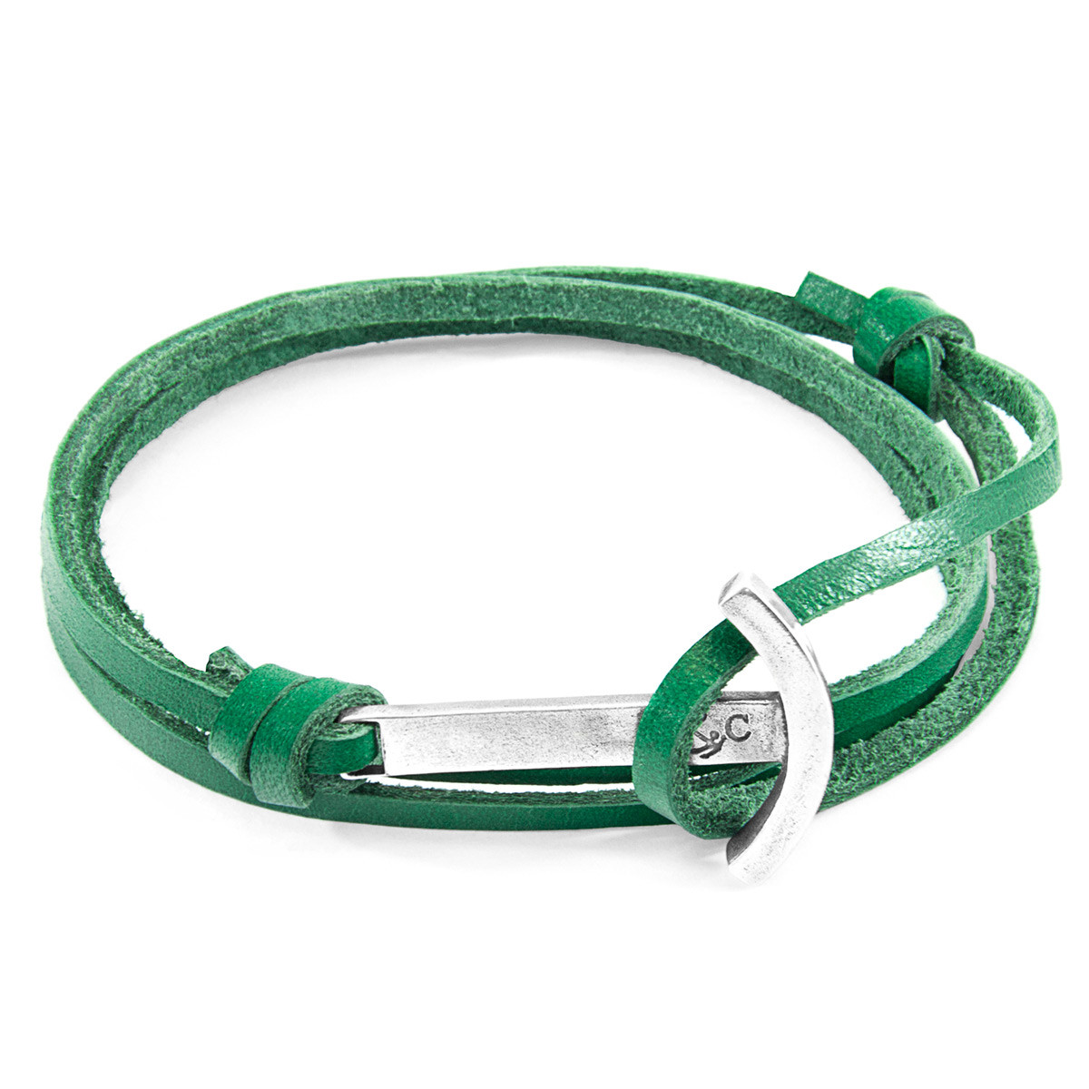 Fern Green Clipper Anchor Silver and Flat Leather Bracelet