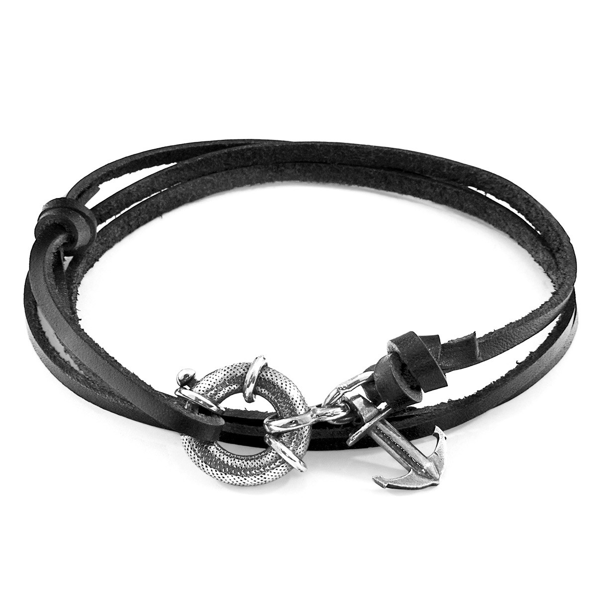 Coal Black Clyde Anchor Silver and Flat Leather Bracelet