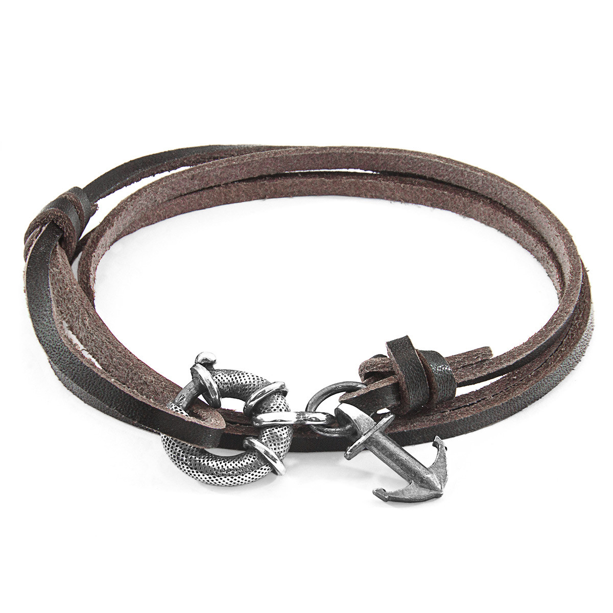Dark Brown Clyde Anchor Silver and Flat Leather Bracelet