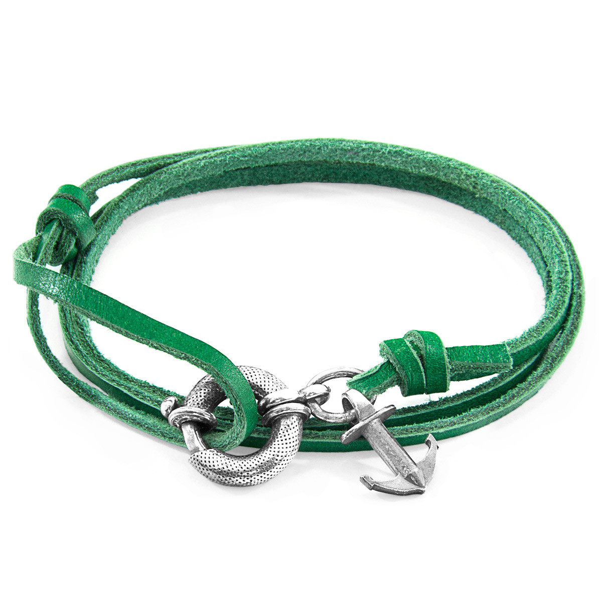 Fern Green Clyde Anchor Silver and Flat Leather Bracelet