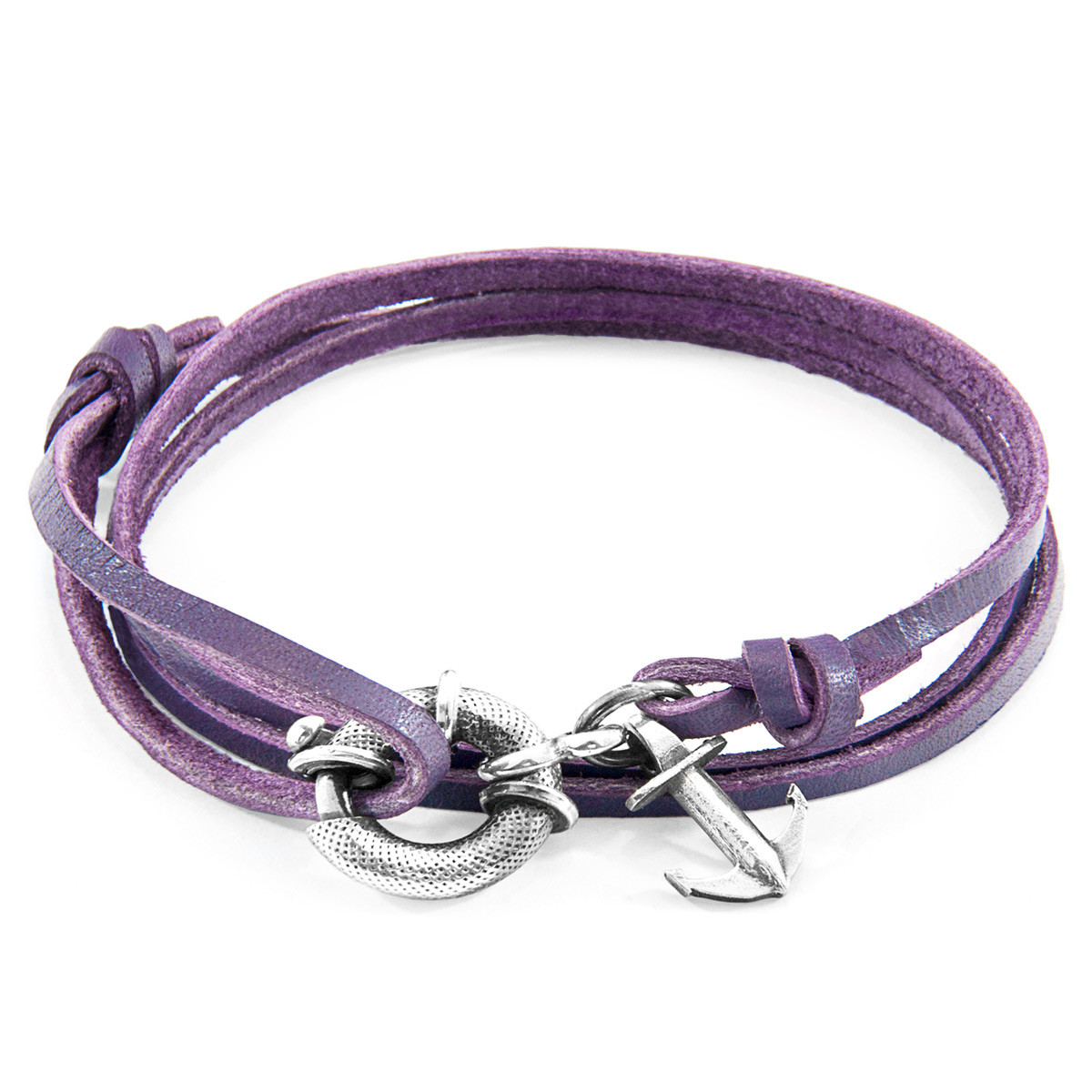 Grape Purple Clyde Anchor Silver and Flat Leather Bracelet