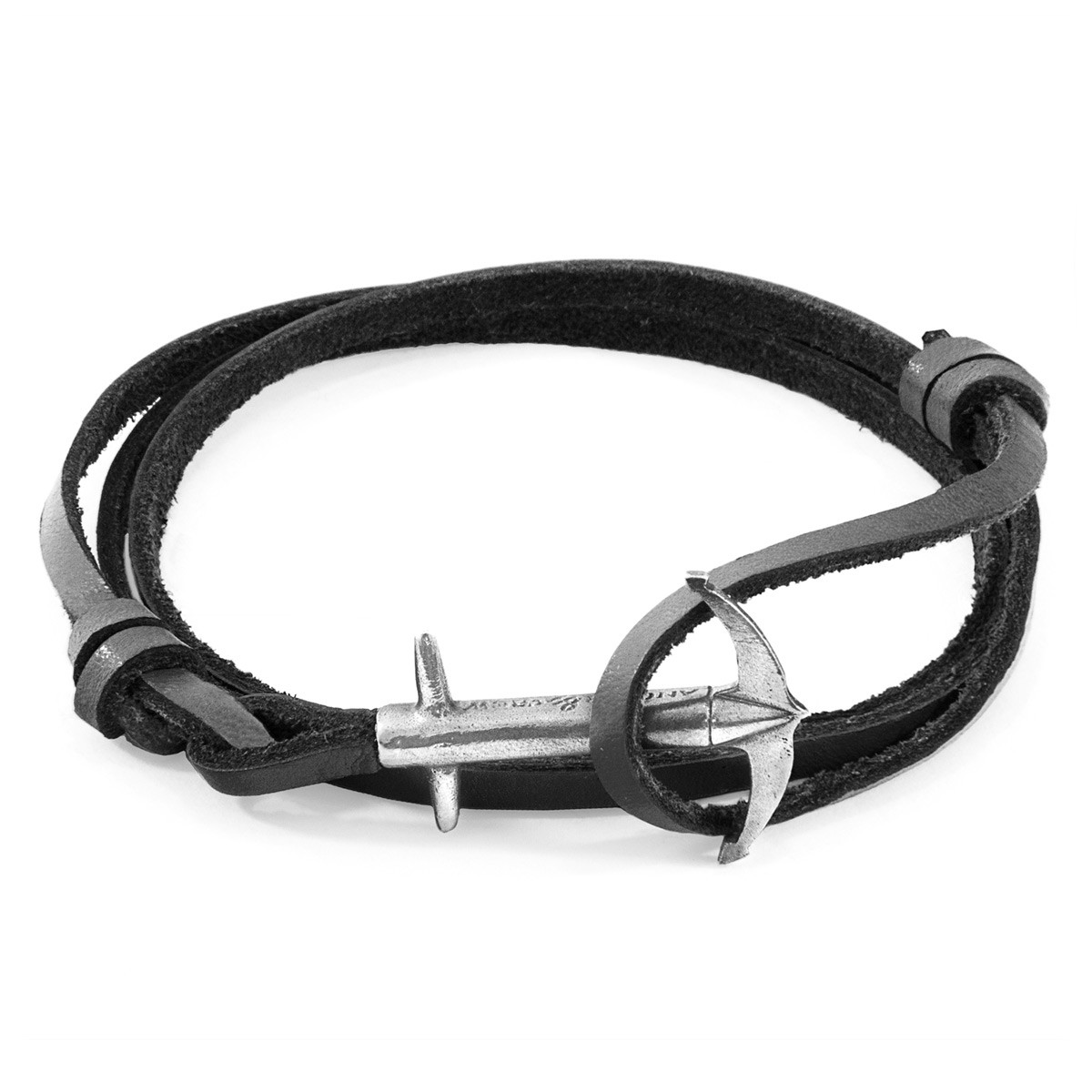 Coal Black Admiral Anchor Silver and Flat Leather Bracelet