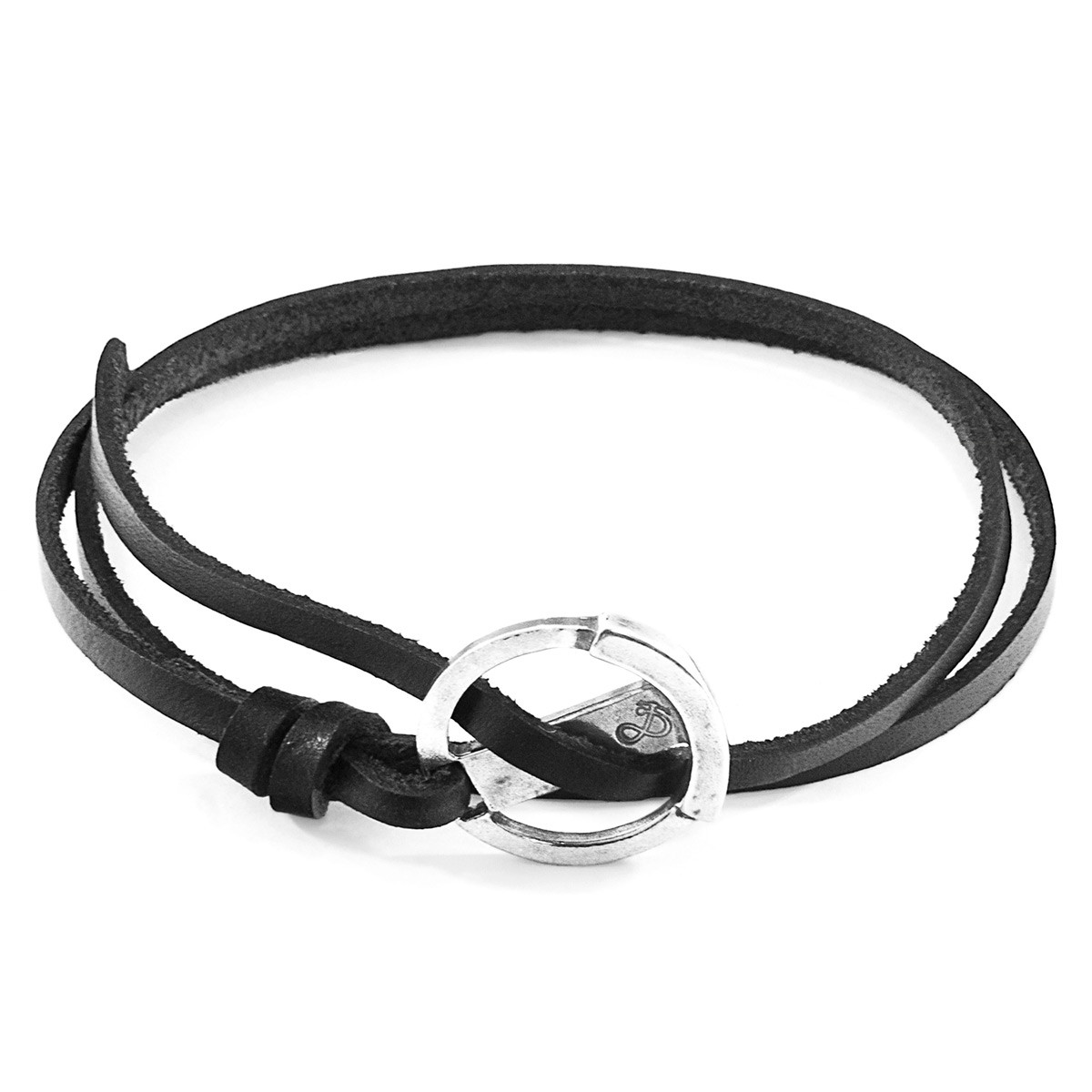 Coal Black Ketch Anchor Silver and Flat Leather Bracelet