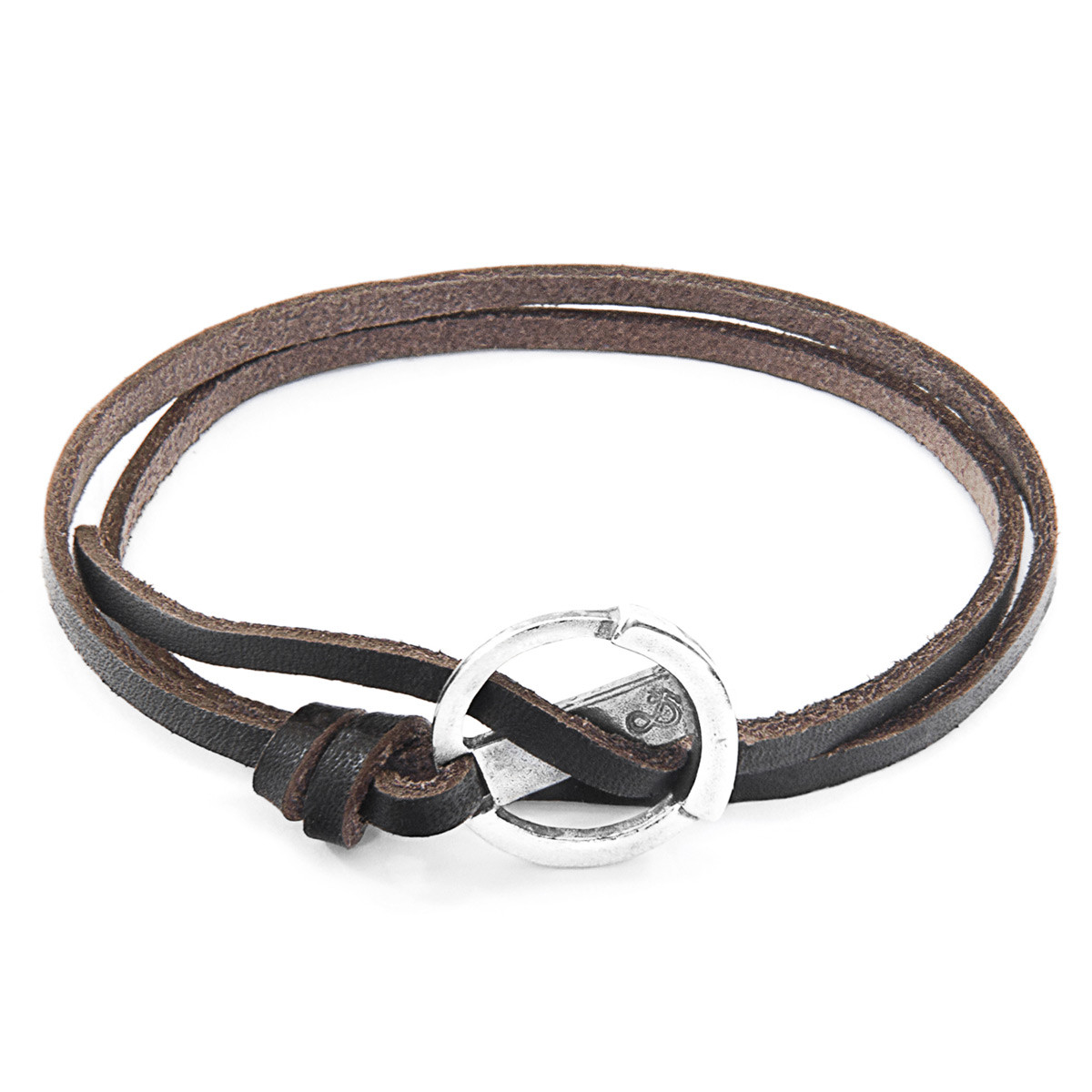 Dark Brown Ketch Anchor Silver and Flat Leather Bracelet