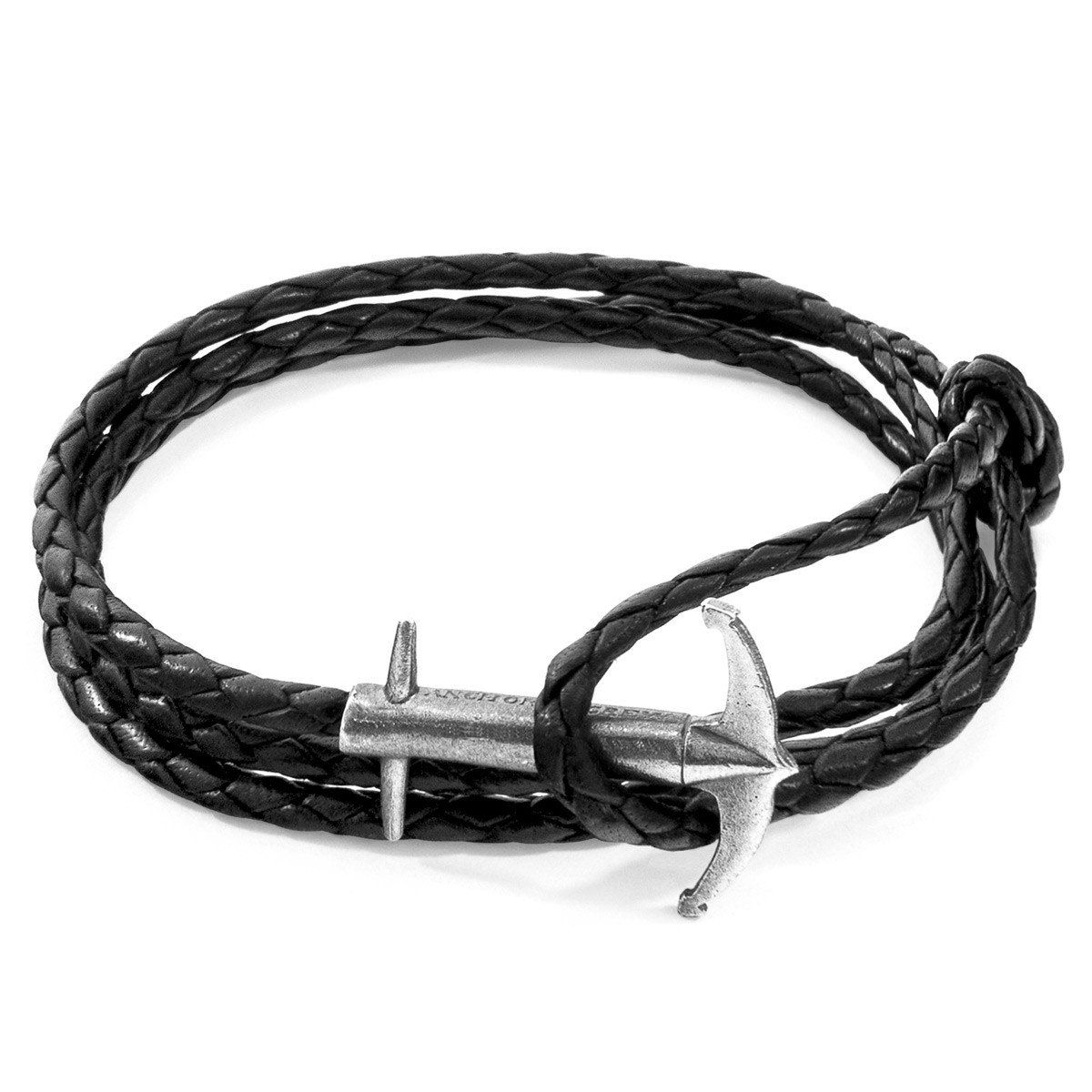 Coal Black Admiral Anchor Silver and Braided Leather Bracelet