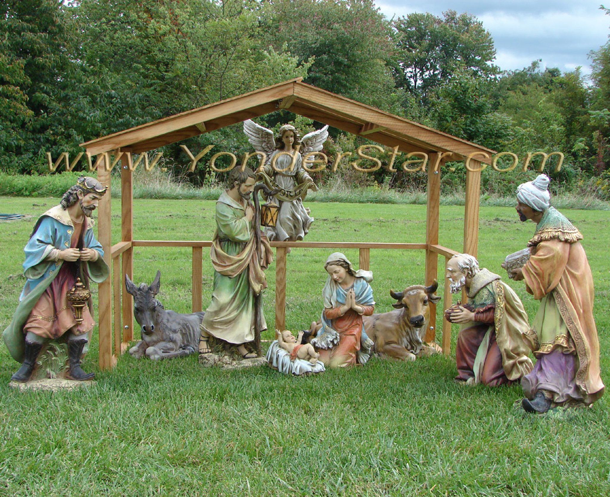 Outdoor Nativity Scene With Wooden Stable Yonder Star Christmas Shop LLC   Outdoor Nativity Scene With Wooden Manger 2  50224.1490382248 