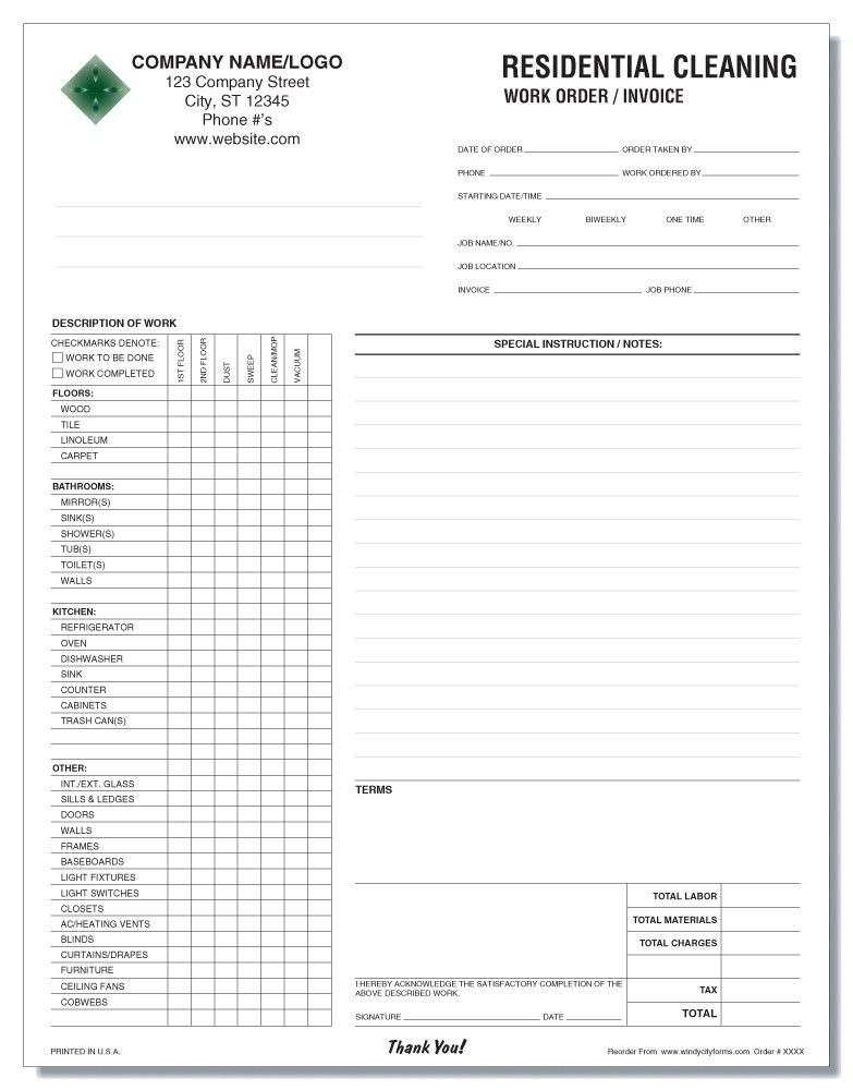 residential cleaning work orderinvoice windy city forms