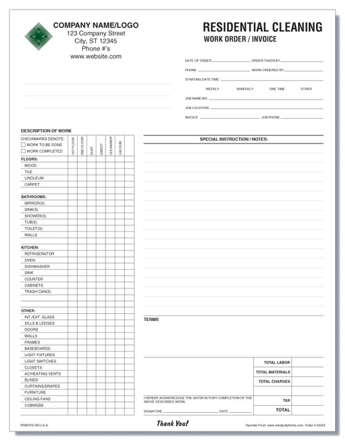 residential cleaning work orderinvoice windy city forms
