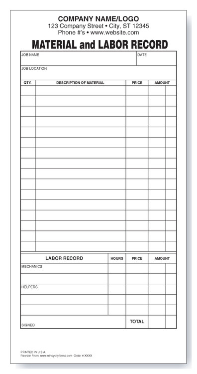 Material and Labor Record - Windy City Forms