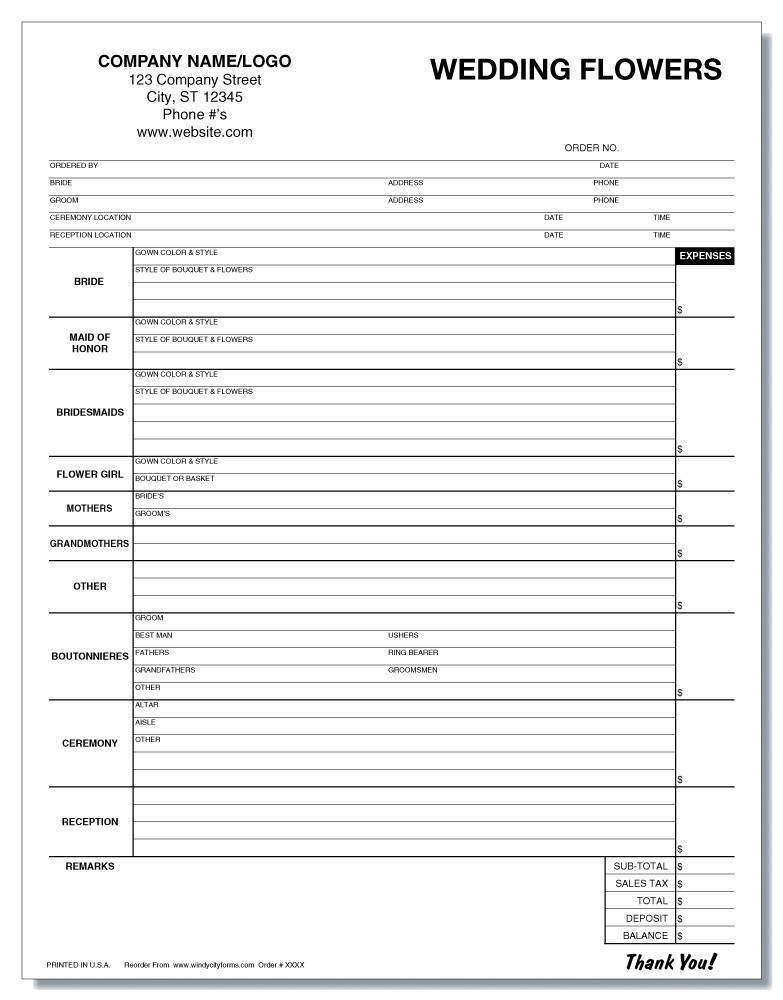 Wedding Flowers Work Order Invoice Windy City Forms