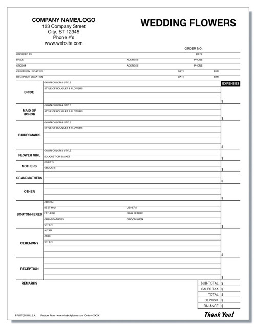Wedding Flowers Work Order/Invoice Windy City Forms