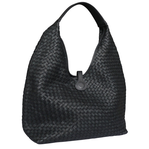 Luxury Italian Leather Designer Handbags Attavanti Paolo Masi Cara Woven Washed Italian Large Leather Hobo Bucket Bag Black