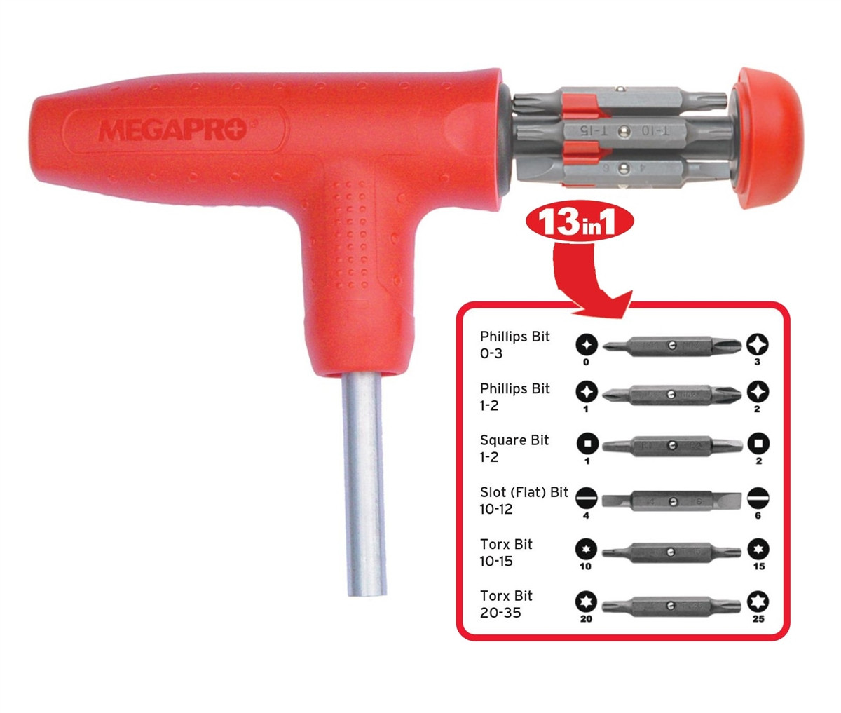Megapro T Handle 13 in 1 Milti Bit Screwdriver Phillips Flat Torx Square