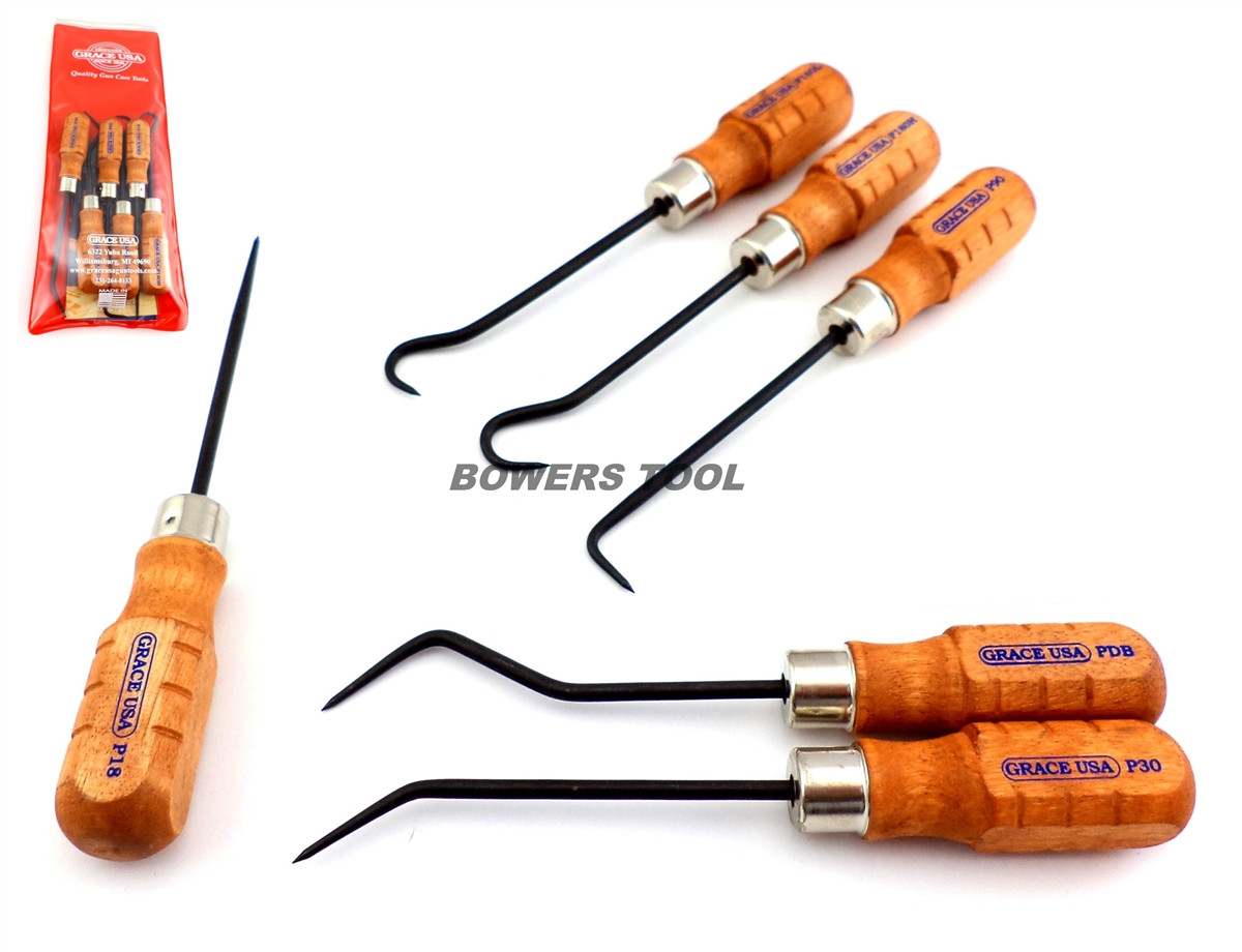 Grace 6pc Wood Handle Hook and Pick Set Curved Angle Made in USA