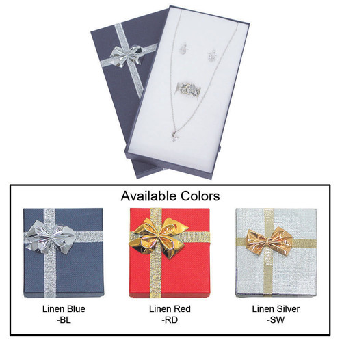 Linen bow tie earring/necklace/ring box , 3 3/8" x 6 1/4" x 1" , Choose from various Color