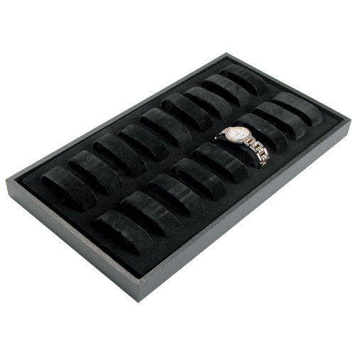 18-Collars Watch Case, 14 3/4" x 8 1/4" x 1 1/8"H, Black Leatherette Wooden Tray