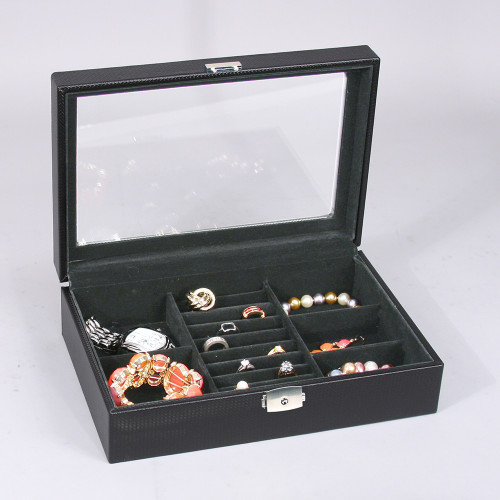 Glass top View ,8-Ring Slot/5-Compartments Box, 11 5/8" x 8" x 3 1/4"H, Black Velvet Inside,Choose from various color