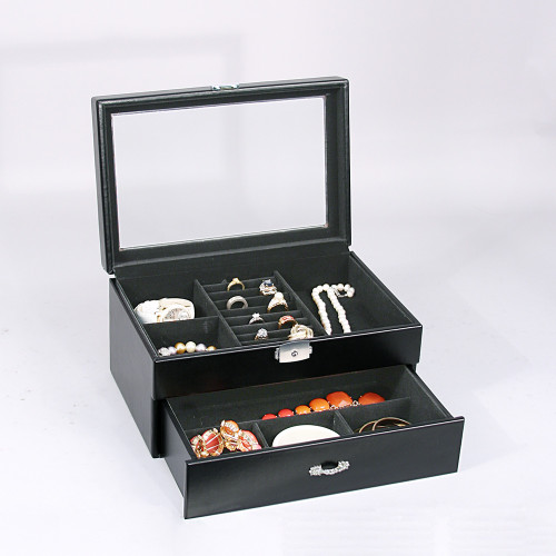 Glass top View ,8-Ring Slot/7-Compartments Box, 11 5/8" x 8" x 7 1/4"H, Black Velvet Inside,,Choose from various color
