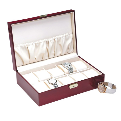 Rosewood 10-Watches Case,Beige Leather Pillow, 11 5/8" x 8" x 3 1/4"H