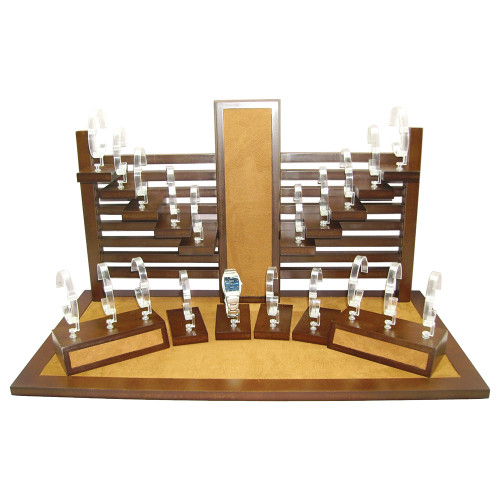 20-Watches Display Set, Chestnut Suede / Vintage Wood Trim, 25 3/4" x 13" x 16 1/2"H