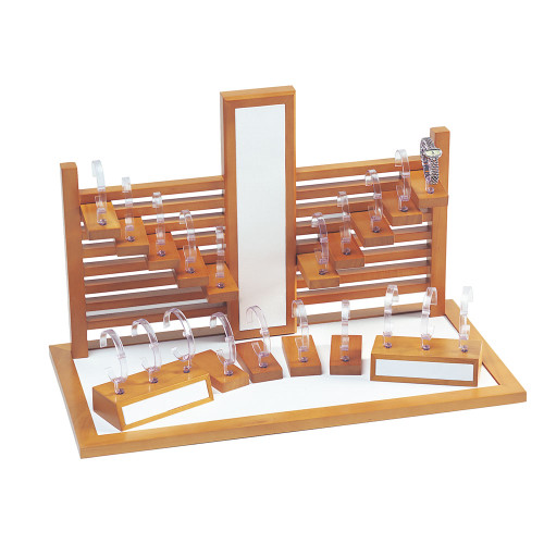 20-Watches Display Set, White Leather / Oak Wood Trim, 25 3/4" x 13" x 16 1/2"H