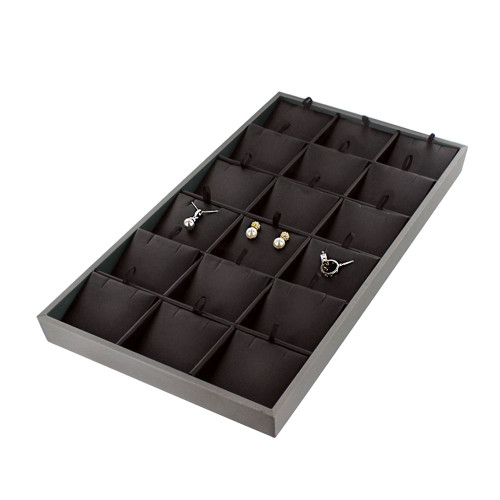 18-Pendant-Earring Tray, Balck Leather with Steel Grey Trim, 14 5/8" x 8 14" x 1"H