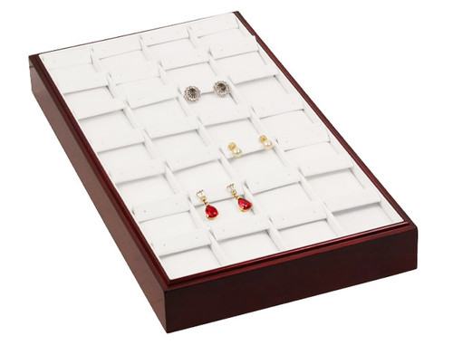 Stackable 28-Pairs Earring Tray - Rosewood with White Leather,18" x 9 1/2" x 1 7/8"H