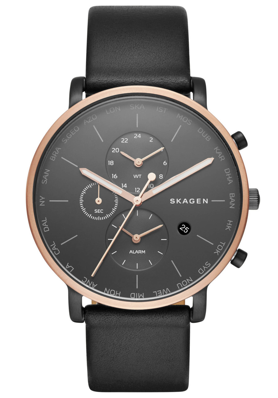 Skagen SKW6300 Hagen World Time Alarm Leather Black | Watches.com