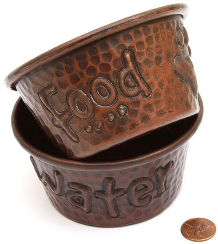 Mini 4 inch Hammered Copper Food and Water Dog Bowls (Set of 2)