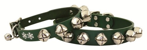 Christmas Jingle Bells Green Leather Dog Collar