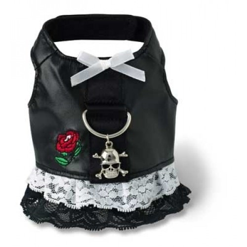 Black Faux Leather Biker Dog Harness Dress with Lace